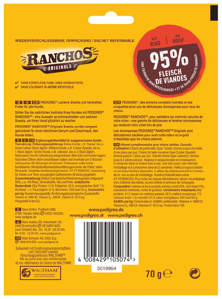 Pedigree Hundeleckerlis  Ranchos mit Rind 70G